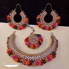 Rainbow Gajra: Zircon Treasures: Neck Piece, Earrings & Teeka